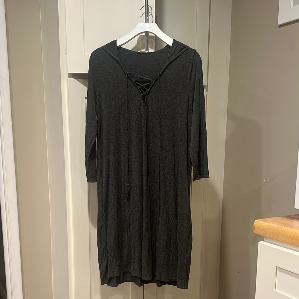 Dark Gray Hooded Dress with Lace-Up Front